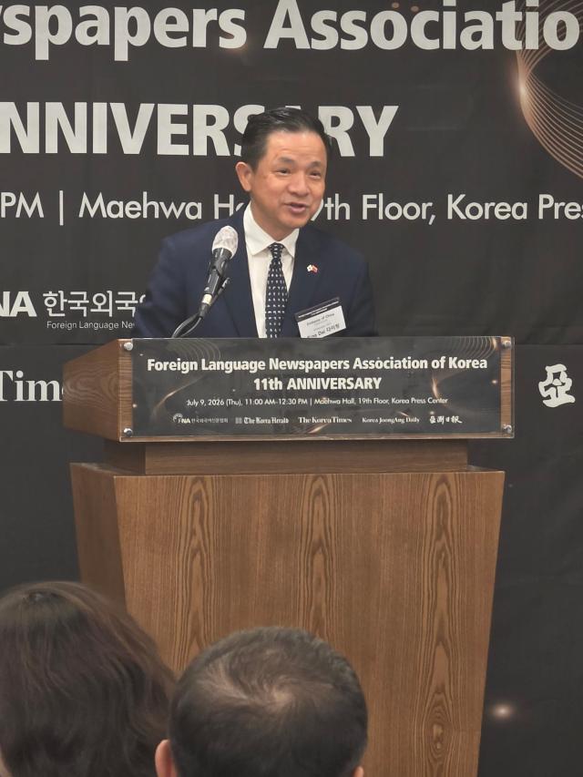 Chinese Ambassador to South Korea Dai Bing delivers a congratulatory speech at the 11th anniversary ceremony of the Foreign Language Newspapers Association of Korea at the Korea Press Center in Seoul on July 9 2026 AJP Park Sae-jin