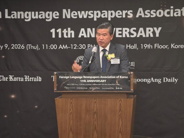 James Kim chairman and chief executive of the American Chamber of Commerce in Korea delivers a congratulatory speech at the 11th anniversary ceremony of the Foreign Language Newspapers Association of Korea at the Korea Press Center in Seoul on July 9 2026 AJP Park Sae-jin
