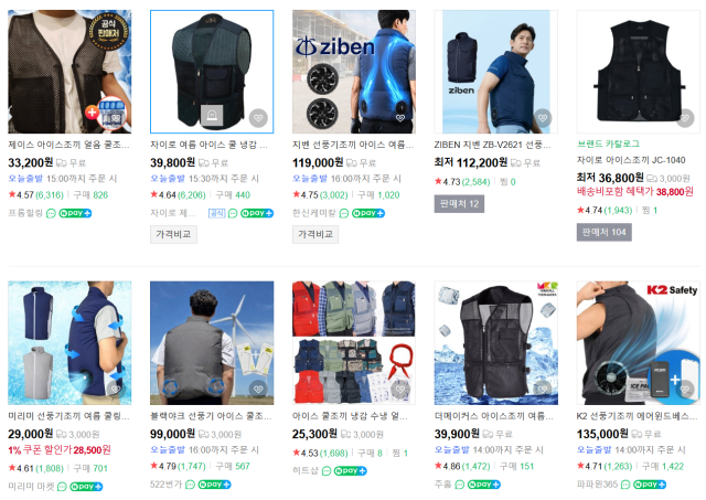 This photo captured from Naver store show various tech based summer vests people have purchased in order to escape the heat of South Korea