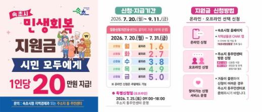속초시, 20일부터 민생회복지원금 신청 접수…시민 1인당 20만원 지급