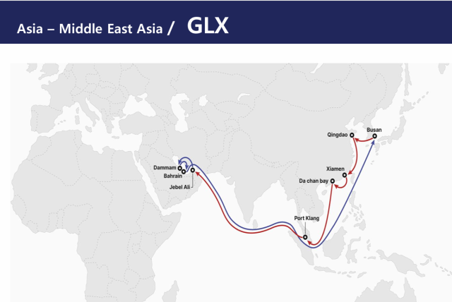 HMM’s Gulf Asia Liner Express GLX connects Busan with Jebel Ali and other Middle Eastern ports Screenshot from HMM’s Service Network 2026 Q2