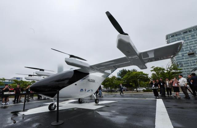 Sambo Motors Group’s B-32-R2 UAM aircraft is displayed during the 2026 Korea Drone  UAM Expo and K-UAM Flight Showcase at Incheon National University’s INU Innovation Center on July 15 2026 AJP Yoo Na-hyun