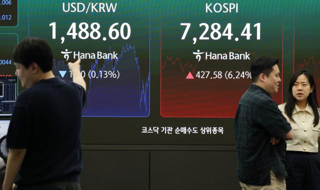 15일 서울 중구 하나은행 딜링룸에서 직원이 업무를 보고 있다 이날 코스피는 42758포인트624 오른 728441로 장을 마쳤다사진아주경제