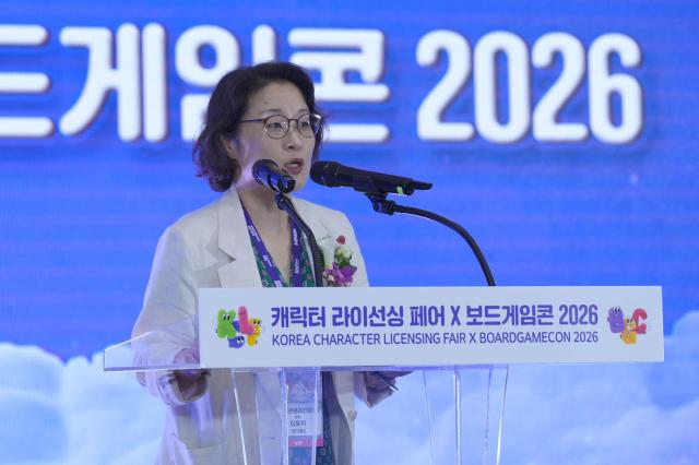 김윤지 한국콘텐츠진흥원 원장이 16일 오전 서울 강남구 코엑스에서 열린 캐릭터 라이선싱 페어·보드게임콘 2026 개막식에 참석해 인사말을 하고 있다 20260716사진유대길 기자 dbeorlf123ajunewscom