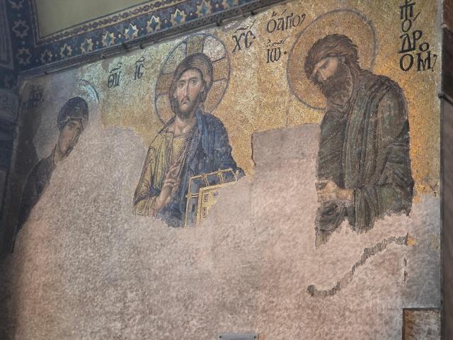 The Deesis mosaic a 13th-century Byzantine work depicting Christ flanked by the Virgin Mary and John the Baptist is seen inside Hagia Sophia in Istanbul on July 17 2026 Hidden under plaster during the buildings centuries as an Ottoman mosque it was uncovered in the 20th century and is regarded as one of the finest surviving works of Byzantine art AJP Park Sae-jin