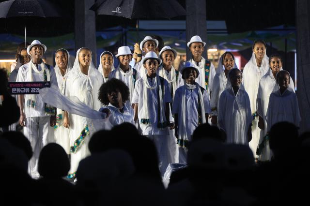 The Kagnew Choir performs at the Seoul-Ethiopia cultural exchange performance held at the Garden of Gratitude in Gwanghwamun Square Seoul on July 22 2026 AJP Han Jun-gu