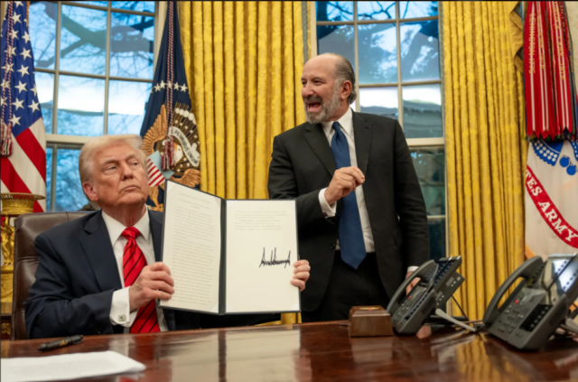 US President Donald Trump left displays a signed presidential memorandum on reciprocal trade and tariffs as Howard Lutnick then his nominee for commerce secretary speaks in the Oval Office at the White House in Washington DC on Feb 13 2025 The memorandum directed US officials to develop a country-by-country plan for imposing reciprocal tariffs on trading partners Courtesy of the White House Courtesy of White House