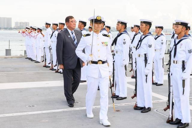 Japanese Prime Minister Ishiba Shigeru visits the Mine Sweeper Tender MST Bungo and the Mine Sweeper Ocean MSO Etajima of the JMSDFs 3rd Minesweeping Division in the Port of Manila on April 30 2025 Courtesy of the Prime Ministers Office of Japan