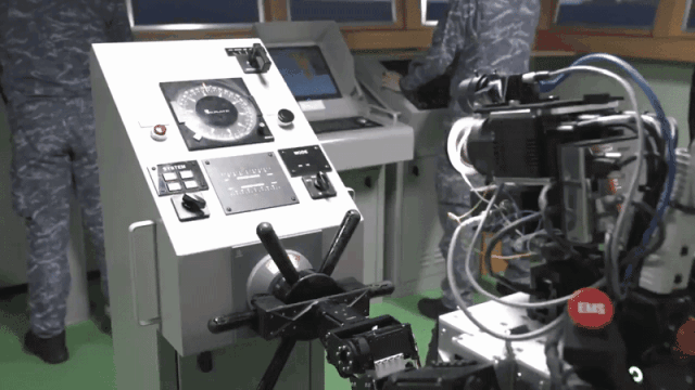 Humanoid robot PIBOT operates a ship’s steering gear during a Navy robot crew trial on July 23 2026 Courtesy of the Republic of Korea Navy