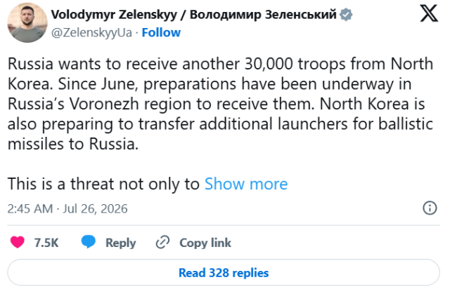 Screen caption of Zelensky X posting on July 25 2026