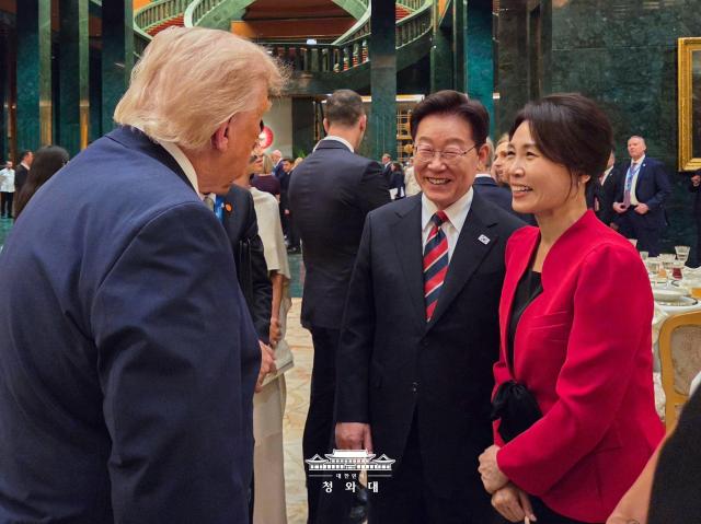 US President Donald Trump left speaks with South Korean President Lee Jae Myung and first lady Kim Hea Kyung during an official welcome dinner hosted by Turkish President Recep Tayyip Erdogan and first lady Emine Erdogan at the Presidential Complex in Ankara on July 7 2026 Courtesy of Cheong Wa Dae 