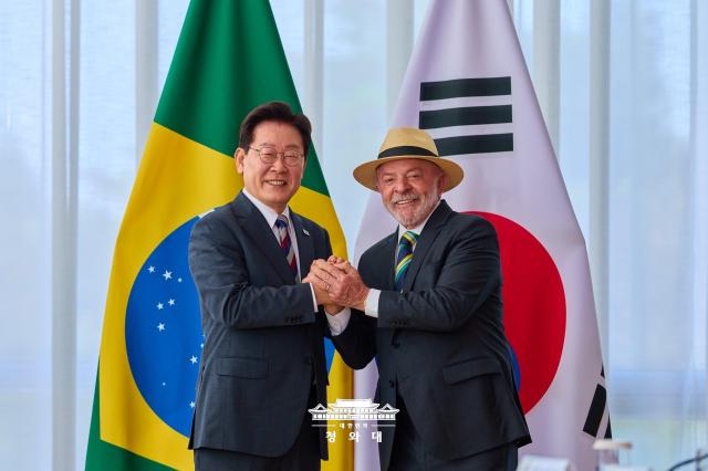 South Korean President Lee Jae Myung and Brazilian President Luiz Inacio Lula da Silva during summit at the Alvorada Palace in Brasilia on July 27 2026 Cheong Wa Dae