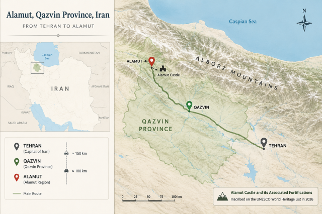 Alamut Qazvin Province Iran — a route map showing the journey from Tehran through Qazvin to the Alamut region in the Alborz Mountains home to the historic Alamut Castle The map notes that Alamut Castle and its associated fortifications were inscribed on the UNESCO World Heritage List in 2026