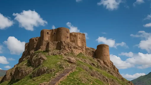 The ruins of Alamut Castle perched atop a steep rocky outcrop with weathered stone towers and a long stairway winding up the hillside set against a bright blue sky with scattered clouds Courtesy of The Embassy of the Islamic Republic of Iran