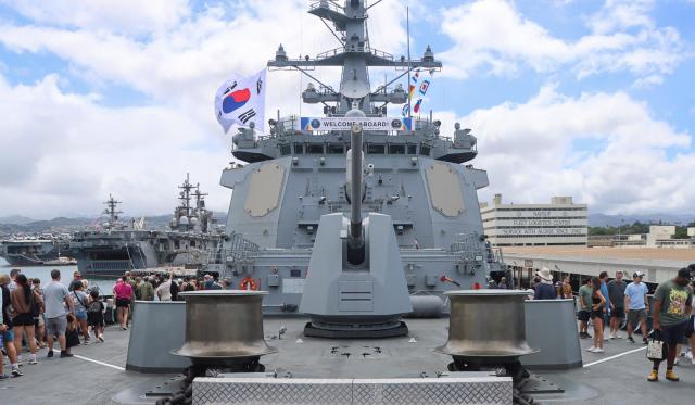 Visitors tour the Republic of Korea Navy’s newest Aegis destroyer ROKS Jeongjo the Great during an open ship event for RIMPAC at Joint Base Pearl Harbor-Hickam Hawaii on June 28 2026 Courtesy of the ROK Navy