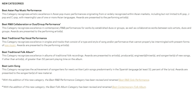 This photo captured from the official Grammy Awards webpage show the listings of newly added categories