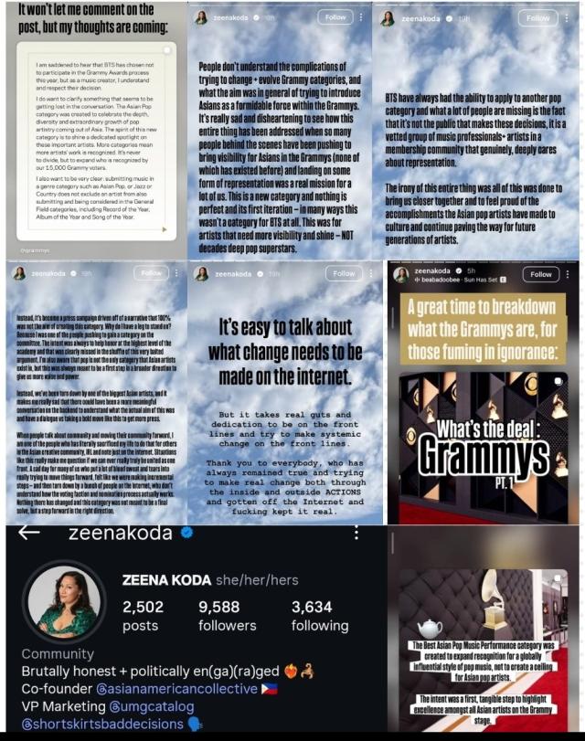 This photo captured form the social media X show a collage of Instagram collage of Zeena Koda known for creating the Asian categories for Grammy award 
