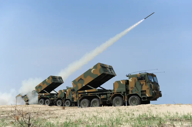 Hanwha Aerospace’s Chunmoo multiple rocket launcher system is seen in this undated file photo provided by Hanwha Aerospace
