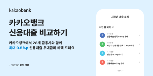 카카오뱅크, 신용대출 비교 고객에 최대 0.5%p 우대금리