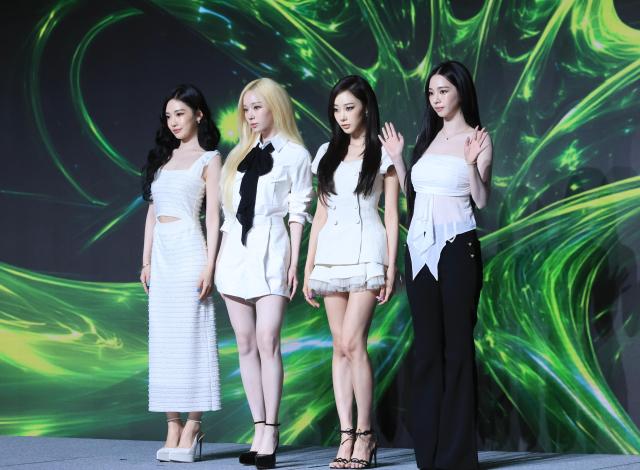 Ningning Winter Giselle and Karina pose at the press conference for aespas second full-length album LEMONADE at Sofitel Ambassador Seoul Hotel in Jamsil Seoul on May 28 2026 AJP Han Jun-gu

