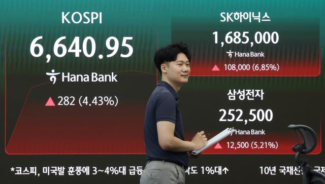  5일 서울 하나은행 본점 딜링룸에 코스피와 삼성전자 SK하이닉스 주가가 표시되고 있다 이날 코스피는 급등 출발해 장 초반 6600대를 회복했다 사진연합뉴스