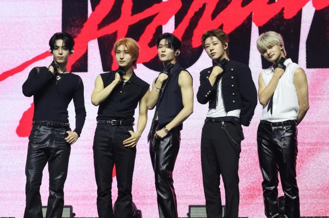 K-pop boy group Nowz from Cube Entertainment are posing for a group photo during a press conference for their latest digital single Achilles in 20260805 AJP Yoo Na-hyun