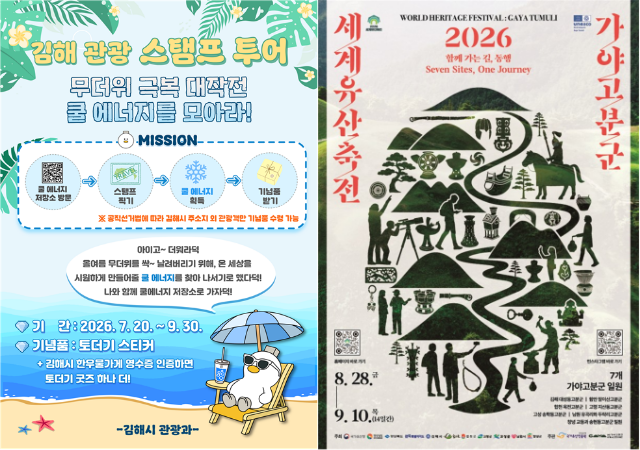 왼쪽부터  관광 스탬프 투어안내문‘2026 세계유산축전-가야고분군’ 포스터사진김해시
