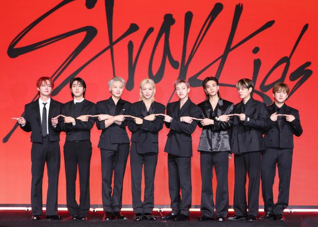 Members of Stray Kids pose during a press event for the groups new EP THIS  THAT in Seoul on Aug 6 2026 AJP Yoo Na-hyun