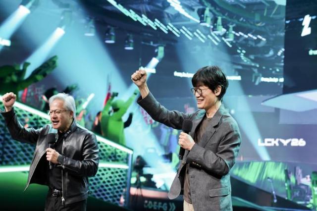 Nvidia CEO Jensen Huang and Naver Chairman Lee Hae-jin pose at a special studio for Naver’s CHZZK streaming platform Courtesy of Naver