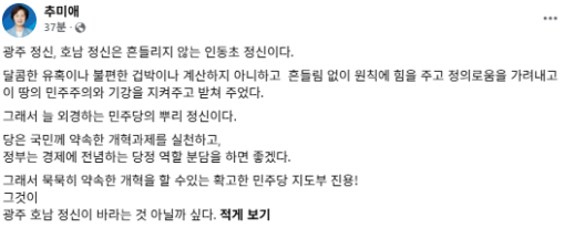 추미애 지사 광주·호남 정신은 흔들리지 않는 인동초...민주당 지도부에 원칙 강조