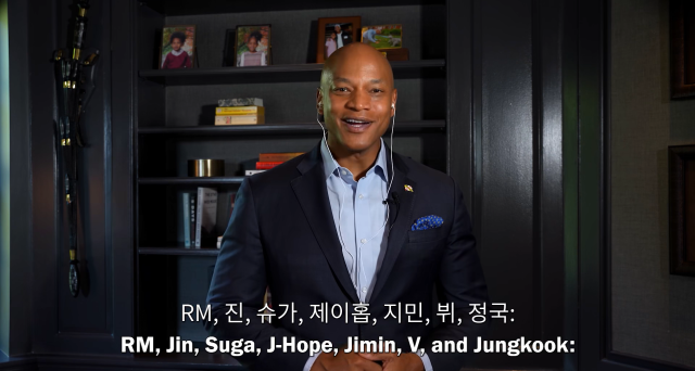 Maryland Gov Wes Moore welcomes BTS to Baltimore in a video message posted on his official Facebook page naming the group’s seven members ahead of their “ARIRANG” world tour concerts at MT Bank Stadium Captured from Facebook page of Maryland Gov Wes Moore