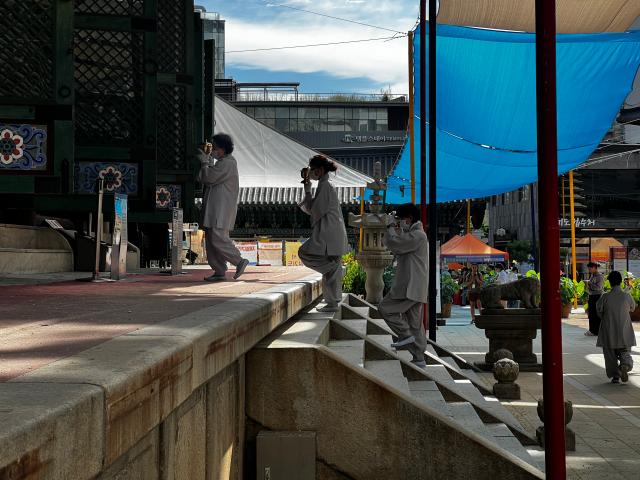 This photo taken during the early morning of Aug 11 show members of Jogye Order in Korea are heading into the Daeungjeon Hall AJP Joonha Yoo