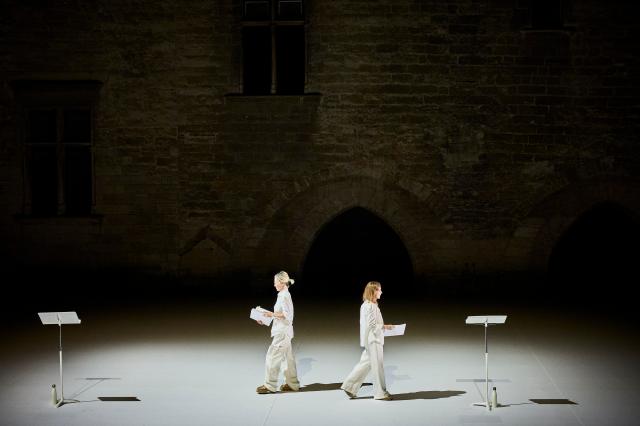 Isabelle Huppert left and Lee Hye-young perform in a scene from the staged reading The Bird based on Han Kangs novel We Do Not Part at its Avignon Festival premiere in July Courtesy of 
