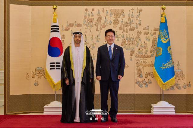 President Lee Jae Myung poses for a commemorative photo with UAE Ambassador to South Korea Jamal Al Suwaidi after receiving his credentials during a credentials presentation ceremony at Cheong Wa Dae in Seoul on Aug 12 2026 Courtesy of Cheong Wa Dae 