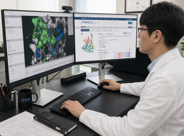 경과원 바이오산업본부 구진모박사가 비만치료제 후보물질 개발을 위해 인공지능 분자설계 기술을 활용하여 치료제를 설계하고 있다 사진경과원