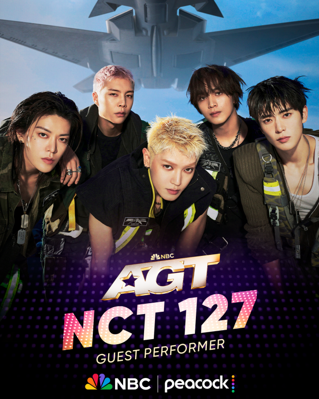 A promotional poster for Americas Got Talent announces NCT 127 as a guest performer on the NBC and Peacock talent show airing live Aug 19 Courtesy of SM Entertainment
