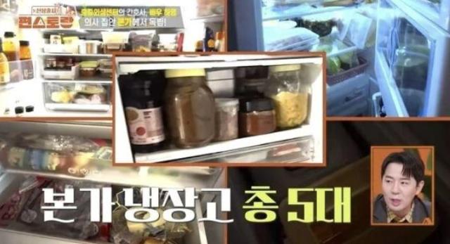 This screenshot photo taken from the Stars Top Recipe at Fun-Staurant show the scene where actress Hayoung addresses five fridges within her house 