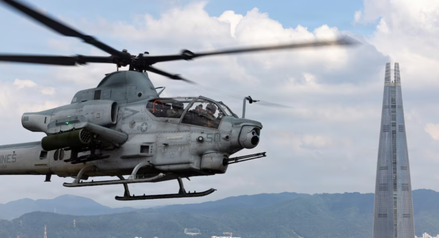 A US Marine Corps AH-1Z Viper with Marine Light Attack Helicopter Squadron HMLA 367 Marine Aircraft Group 36 1st Marine Aircraft Wing flies over Seoul South Korea during Korean Marine Exchange Program 262 July 24 2026 KMEP 262 is a semiannual exercise that provides iterative opportunities for Republic of Korea Marine Corps and US Marine Corps units to train together improving their combined capabilities to deter threats and maintain peace on the Korean Peninsula Courtesy of US Marine Corps