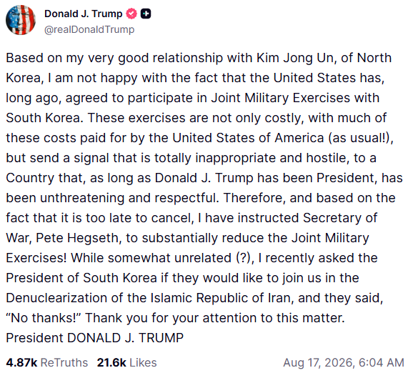 Trump orders cut to US-S. Korea joint military drill