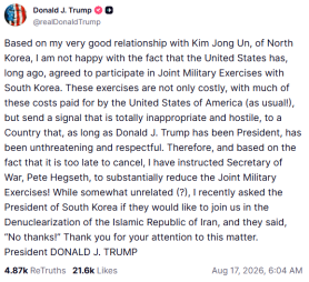Trump orders cut to US-S. Korea joint military drill