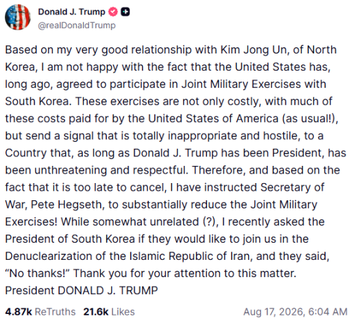 Trump orders cut to US-S. Korea joint military drill