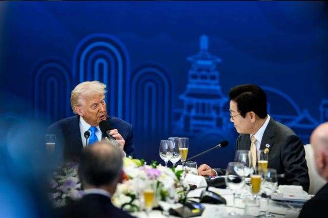 US President Donald Trump L speaks with South Korean President Lee Jae Myung during a special dinner hosted by Lee at the Hilton Hotel in Gyeongju South Korea on Oct 29 2025 Official White House Photo by Daniel Torok