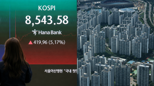 An electronic board at Hana Bank’s dealing room in Seoul on June 15 2026 left and apartment complexes in the capital on Aug 11 2026 Aju Business Daily Yoo Na-hyun
