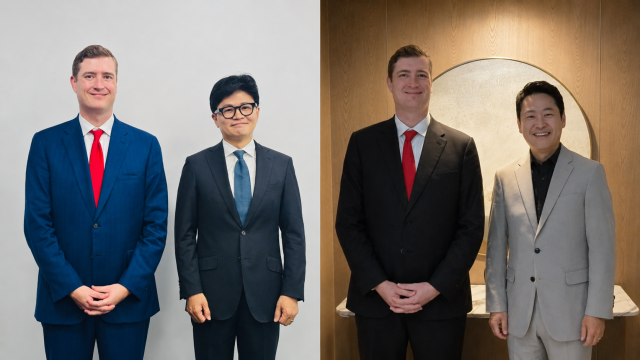 Former White House National Security Council Chief of Staff Alexander B Gray left in both photos poses with independent Rep Han Dong-hoon in the left-hand photo and People Power Party Chairman Jang Dong-hyeok in the right-hand photo during his visit to Seoul Photos from Han’s Facebook and Gray’s LinkedIn Graphics by AJP Song Ji-yoon