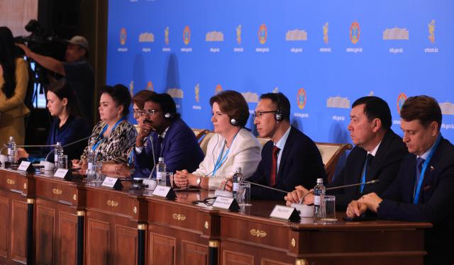 International election observers attend a briefing at the Assistance Center for International Observers and Foreign Media in Astana on Aug 23 2026 during Kazakhstans first parliamentary election for the new single-chamber Kurultai AJP Han Jun-gu