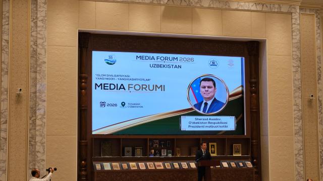 Sherzod Asadov press secretary to the president of Uzbekistan speaks during the opening ceremony of the International Media Forum at the Center for Islamic Civilization in Tashkent on Aug 25 2026 AJP Lee Jung-woo
