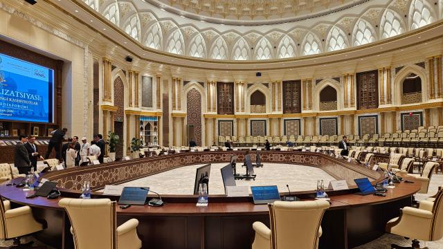 The venue for the International Media Forum at the Center for Islamic Civilization in Tashkent is seen before the event begins on Aug 25 2026 AJP Lee Jung-woo
