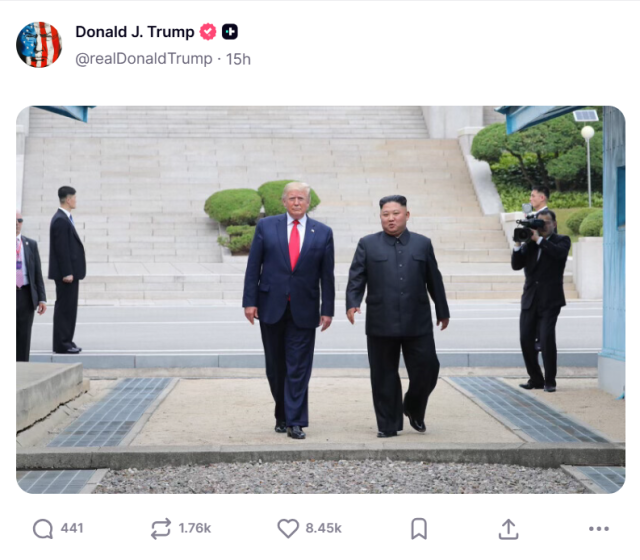 A photo posted on US President Donald Trump’s Truth Social account on Aug 24 2026 shows the US and North Korean leaders walking together at Panmunjom during their June 30 2019 meeting Captured from Truth Social