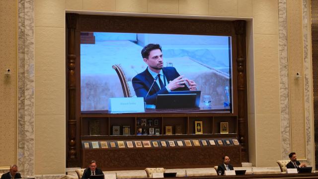 Ahmed Salim founder of 1001 Inventions speaks during a plenary session at the International Media Forum at the Center for Islamic Civilization in Tashkent Uzbekistan Aug 25 2026 AJP Lee Jung-woo 