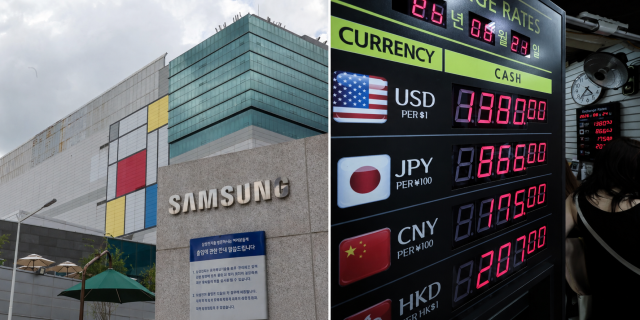This composite image shows Samsung Electronics Hwaseong campus on July 13 2026 left and an exchange-rate board at a currency exchange shop in Myeongdong Seoul on Aug 24 2026 when the won strengthened below 1380 per dollar intraday AJP Yoo Na-hyun